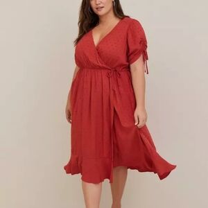 Torrid Swiss Dot Rust Red Linen Short Sleeve Surplice Midi Dress Size 1X
